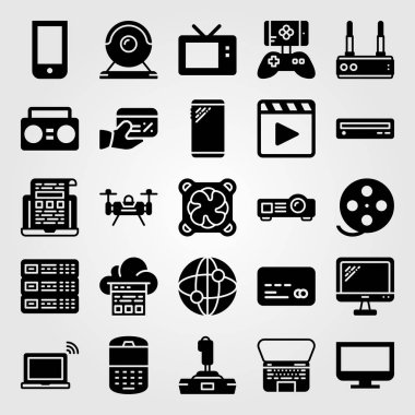 Teknoloji vektör Icon set. Boombox, bilgisayar, internet ve televizyon