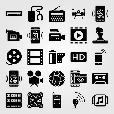 Teknoloji simge vektör ayarlayın. film oyuncu, smartphone, cep telefonu ve sinyal noktası