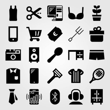 Alışveriş vektör Icon set. alışveriş sepeti, kulaklık, fotoğraf kamera ve tenis raketi