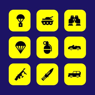 Askeri vektör Icon set. Jeep, top, spor araba ve bıçak