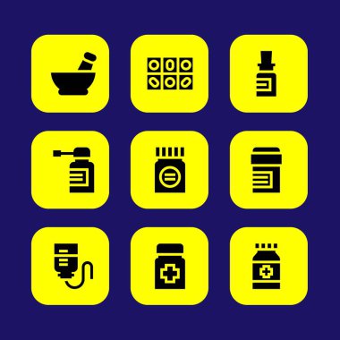 Tıp vektör Icon set. hap, harç, damla sayacı ve sprey