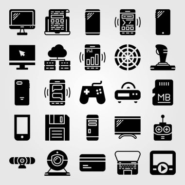 Teknoloji vektör Icon set. bellek, oyun çubuğu, kredi kartı ve webcam