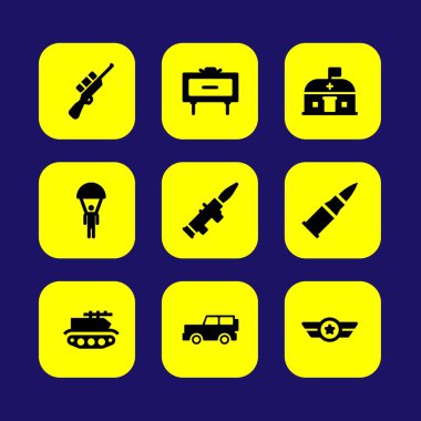 Askeri vektör Icon set. Araba, kurşun, rozet ve roket