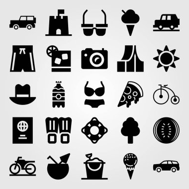 Yaz aylarında vektör Icon set. Dondurma, Bisiklet, fotoğraf makinesi ve mayo