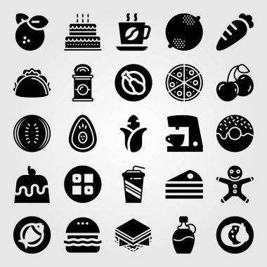 Yiyecek ve içecekler Icon set vektör. Balık, avokado, Mısır ve kek