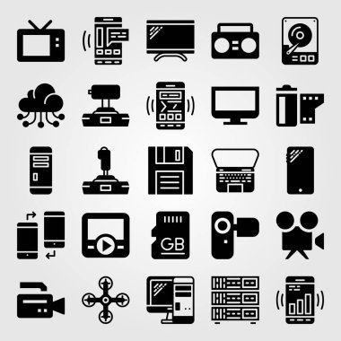 Teknoloji vektör Icon set. SD bellek kartları, film oynatıcı, rulo film ve bulut bilgisayar