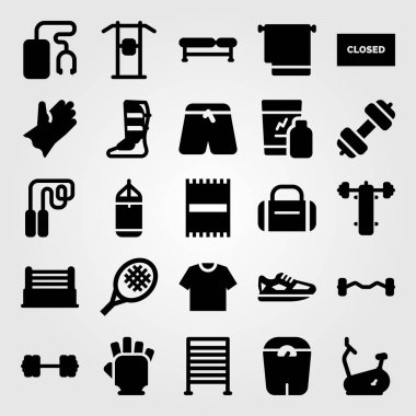 Fitness vektör Icon set. Delme, sallar, shinpad ve spor salonu eldiven