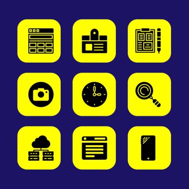 Temel vektör Icon set. Pano, sunucu, duvar saati ve fotoğraf kamera