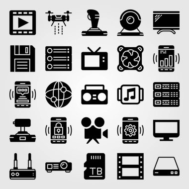 Teknoloji vektör Icon set. Film oynatıcı, video kamera, soğutucu ve boombox