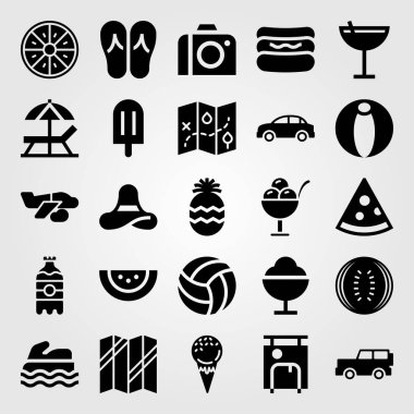 Yaz aylarında vektör Icon set. Dondurma, deniz scooter, karpuz ve araba