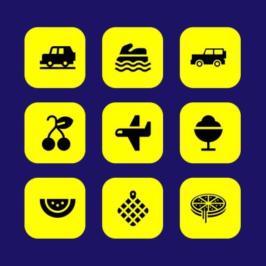 Yaz aylarında vektör Icon set. Deniz scooter, havlu, uçak ve jeep