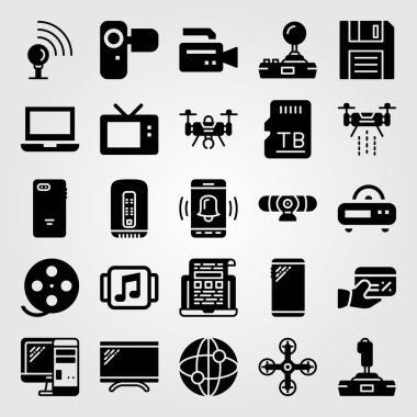 Teknoloji vektör Icon set. bilgisayar, doskette, sinyal noktası ve dizüstü