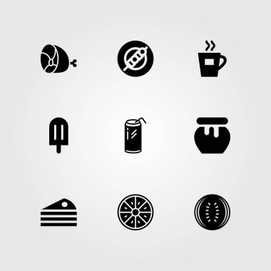 Yiyecek ve içecekler Icon set vektör. et, karpuz, pasta ve kahve Kupası