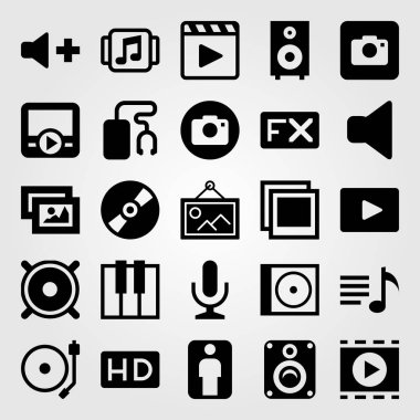 Multimedya vektör Icon set. müzik çalar, mikrofon, mikrofon ve video/müzik çalar
