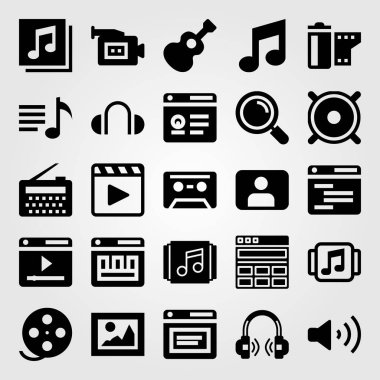 Multimedya vektör Icon set. quaver, film oynatıcı, müzik notu ve film rulo