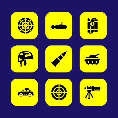 Askeri vektör Icon set. Radar, kask, makinesi silah ve araba