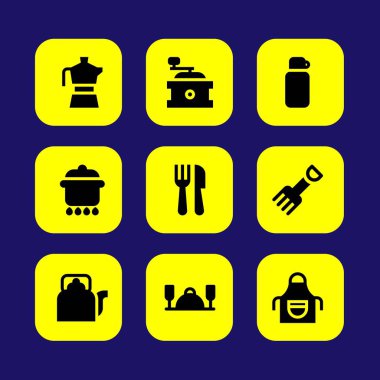 Mutfak vektör Icon set. Tencere, çatal, önlük ve akşam yemeği