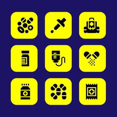 Tıp vektör Icon set. ilk yardım çantası, hap, damla sayacı ve yardım
