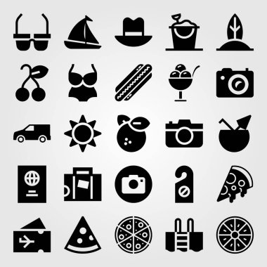 Yaz aylarında vektör Icon set. Pizza, kamyon, kapı tokmağı ve kum kova