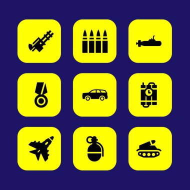 Askeri vektör Icon set. makineli tüfek, dinamit, tank ve silah
