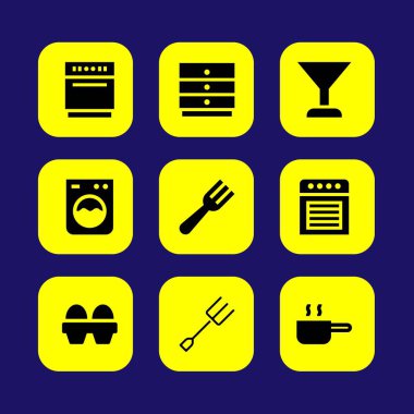 Mutfak vektör Icon set. Çatal, yumurta, çamaşır makinesi ve kabine