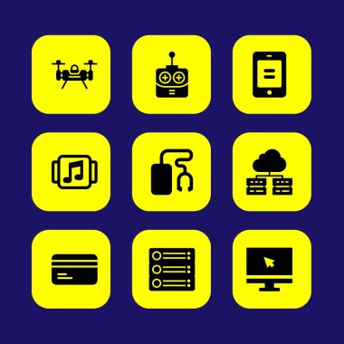 Teknoloji vektör Icon set. yönlendirici, dron, smartphone ve kredi kartı