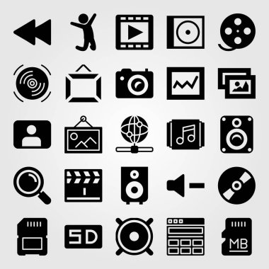 Multimedya vektör Icon set. SD kart, resim, kompakt disk ve atlama adam