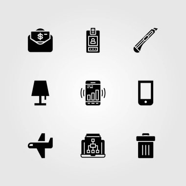 İş vektör Icon set. kesici, kimlik kartı, dizüstü bilgisayar ve çöp