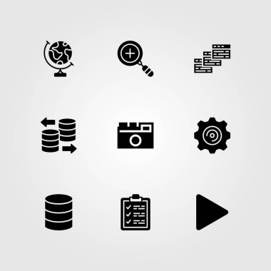 Temel vektör Icon set. tarayıcılar, Pano, fotoğraf makinesi ve veritabanı