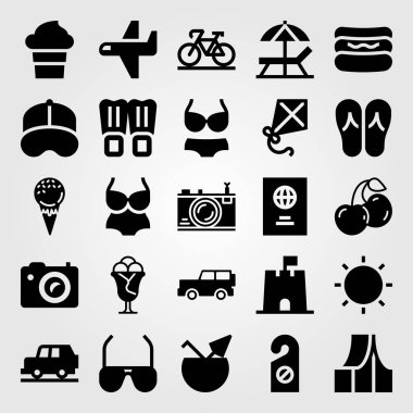 Yaz aylarında vektör Icon set. fotoğraf makinesi, beyzbol şapkası, sosisli sandviç ve araba