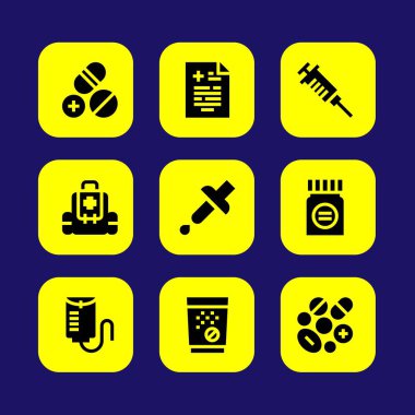 Tıp vektör Icon set. damla sayacı, şırınga, pipet ve tabletler