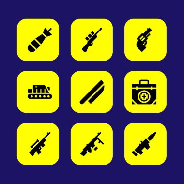 Silah vektör Icon set. tabanca, tüfek, ilk yardım çantası ve roket