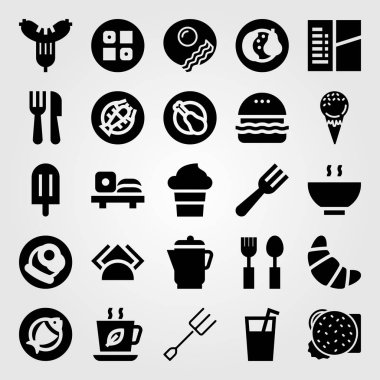 Restoran vektör Icon set. çatal bıçak takımı, dondurma, suşi ve kruvasan