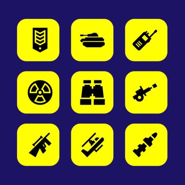 Silah vektör Icon set. roket, walkie talkie, dürbün ve savaş topu