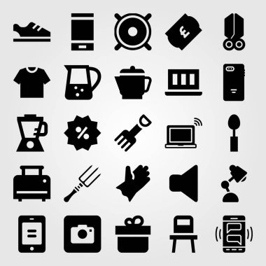 Alışveriş vektör Icon set. eldiven, fotoğraf makinesi, sandalye ve Hediyelik