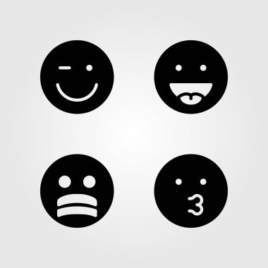 Duygular Icon set vektör. Wink, dil, öpücük ve stres