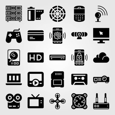 Teknoloji vektör Icon set. bellek, cep telefonu, uçak ve sd kart