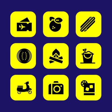 Yaz aylarında vektör Icon set. kokteyl, fotoğraf makinesi, uçak bileti ve portakal