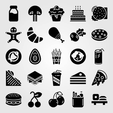 Yiyecek ve içecekler Icon set vektör. tavuk budu, cupcake, kurabiye ve pasta