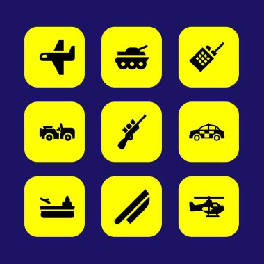 Askeri vektör Icon set. polis arabası, keskin nişancı, bıçak ve uçak