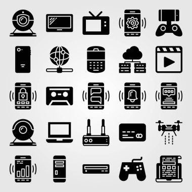 Teknoloji vektör Icon set. dron, gamepad, televizyon ve film oyuncusu