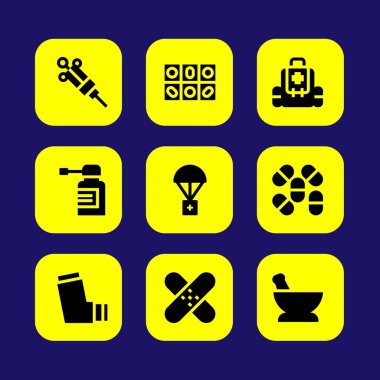 Tıp vektör Icon set. ilk yardım çantası, hapları, sprey ve yama