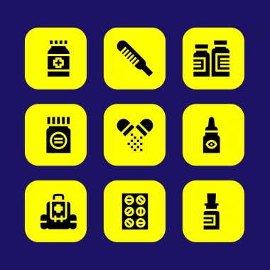 Tıp vektör Icon set. ilk yardım çantası, ilaç, ilaç ve termometre
