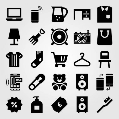 Alışveriş vektör Icon set. laptop, fotoğraf makinesi, alışveriş çantası ve askı