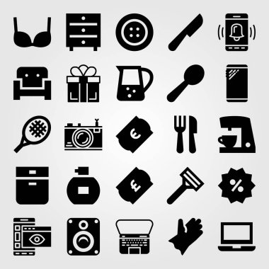 Alışveriş vektör Icon set. sutyen, düğme, dizüstü bilgisayar ve fırın