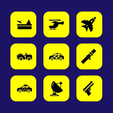 Askeri vektör Icon set. silah, uçak gemisi, radar ve uydu