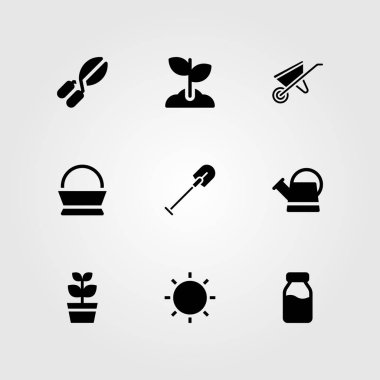 Bahçe vektör Icon set. Filiz, kürek, el arabası ve sulama olabilir