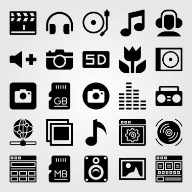 Multimedya vektör Icon set. Internet, makro, ses bar ve kulaklıklar