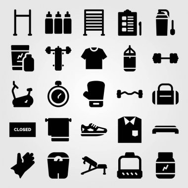 Fitness vektör Icon set. Chronometre, protein, delme bar ve spor salonuna adım