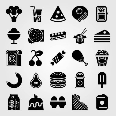 Yiyecek ve içecekler Icon set vektör. muzlu süt, armut, makarna ve pizza